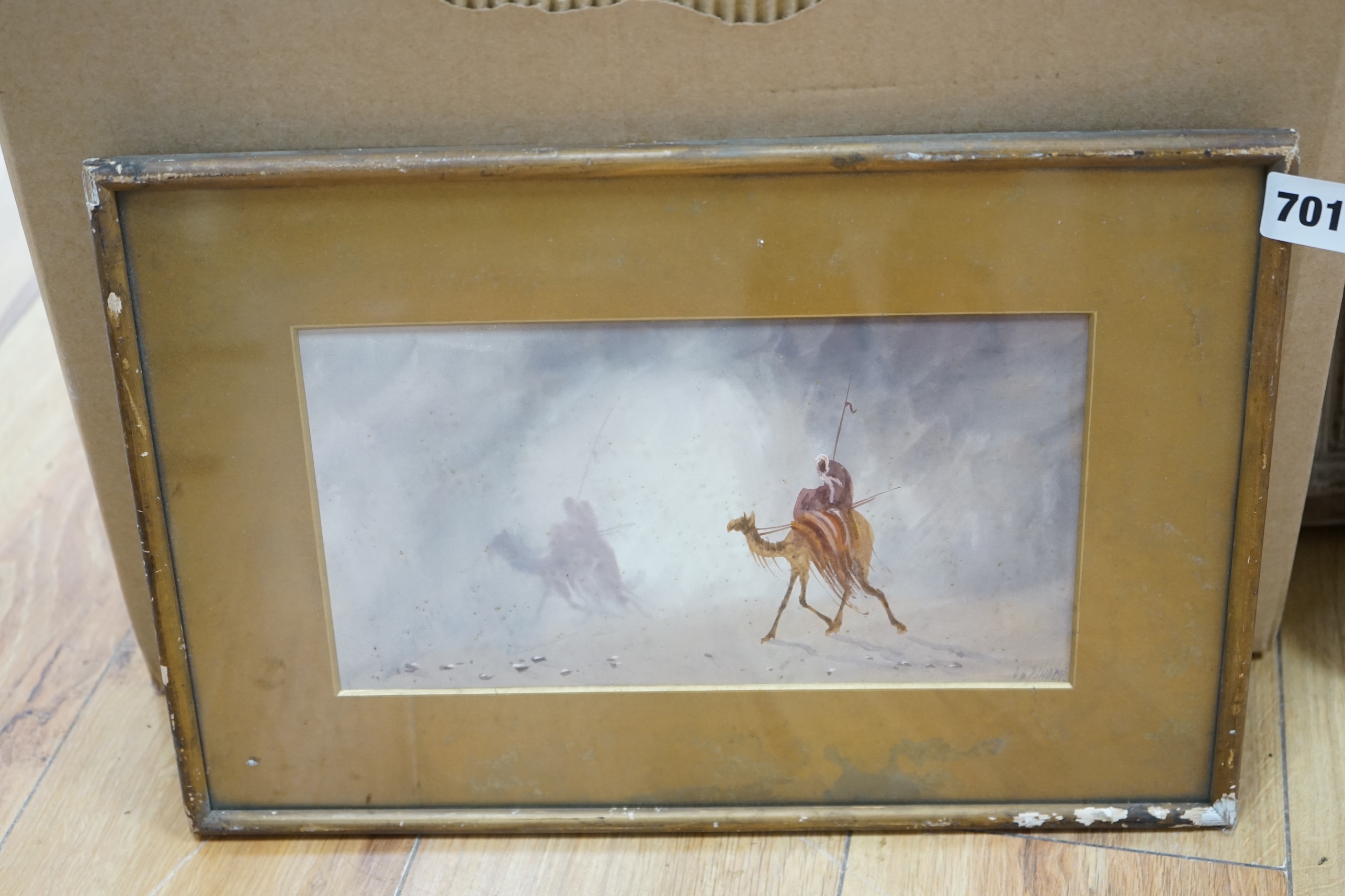 Douglas Houzen Pinder (1886-1949), watercolour, Camel riders in the desert, signed, 14 x 27cm. Condition - fair